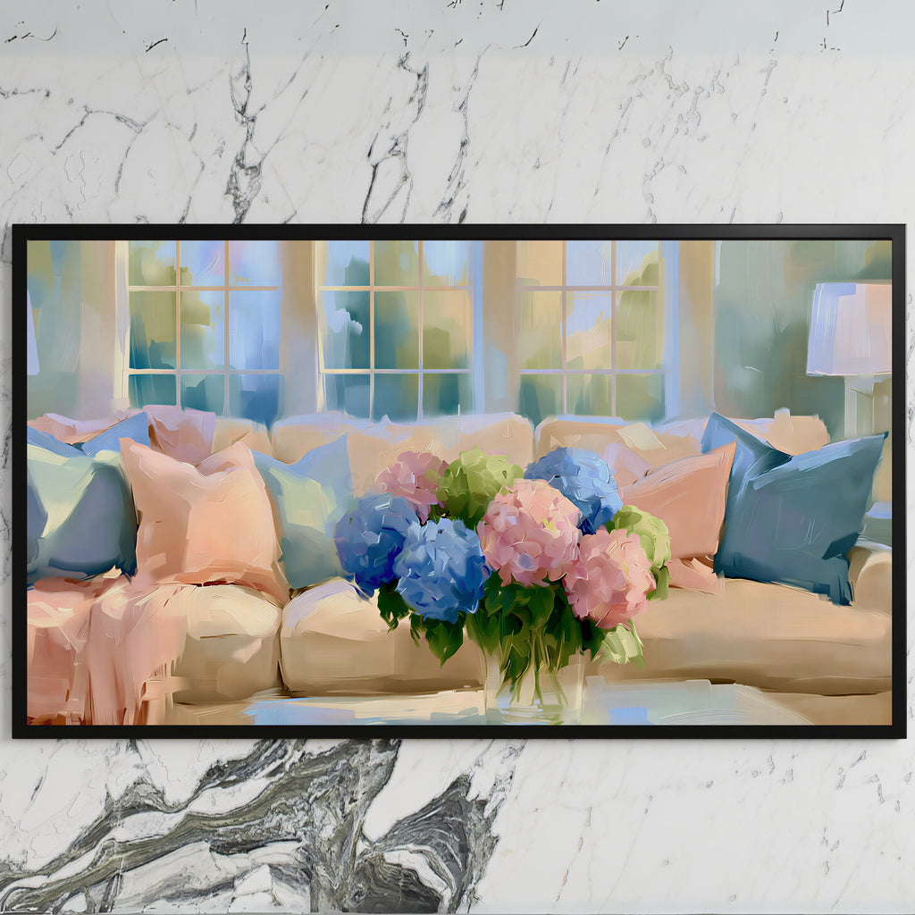 Pastel hydrangea bouquet art on a black TV on a white marble wall