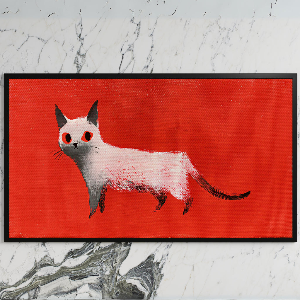 White cat art on a black TV on a white marble wall