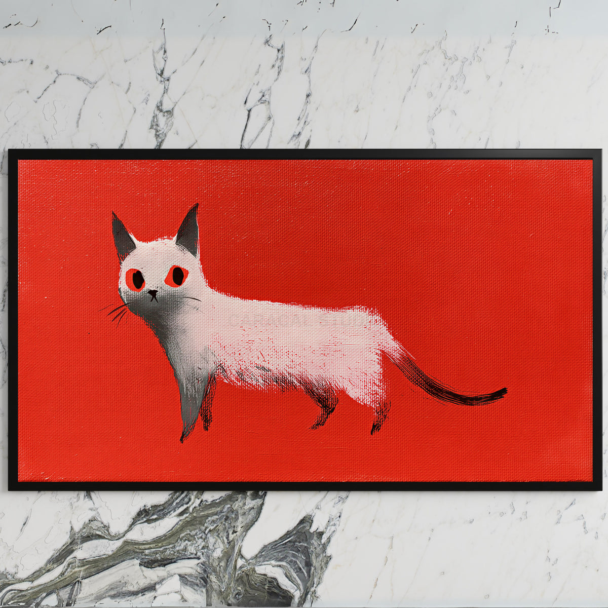 White cat art on a black TV on a white marble wall