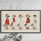 Geese in Santa hats art on a black TV on a white marble wall