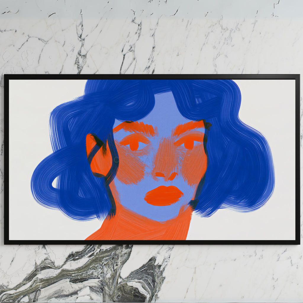 Blue hair portrait art on a black TV on a white marble wall