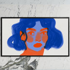 Blue hair portrait art on a black TV on a white marble wall
