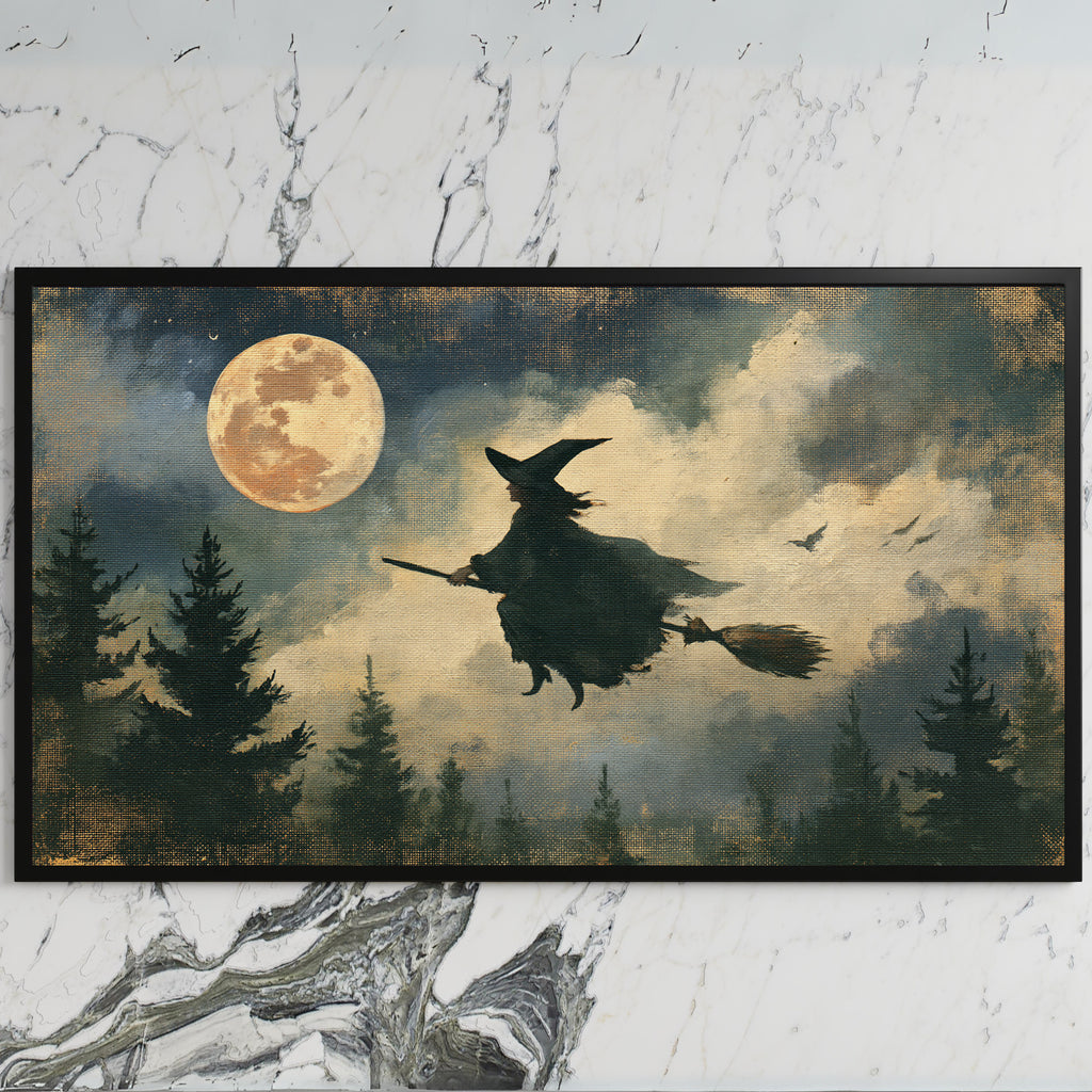 Flying witch art on a black TV on a white marble wall