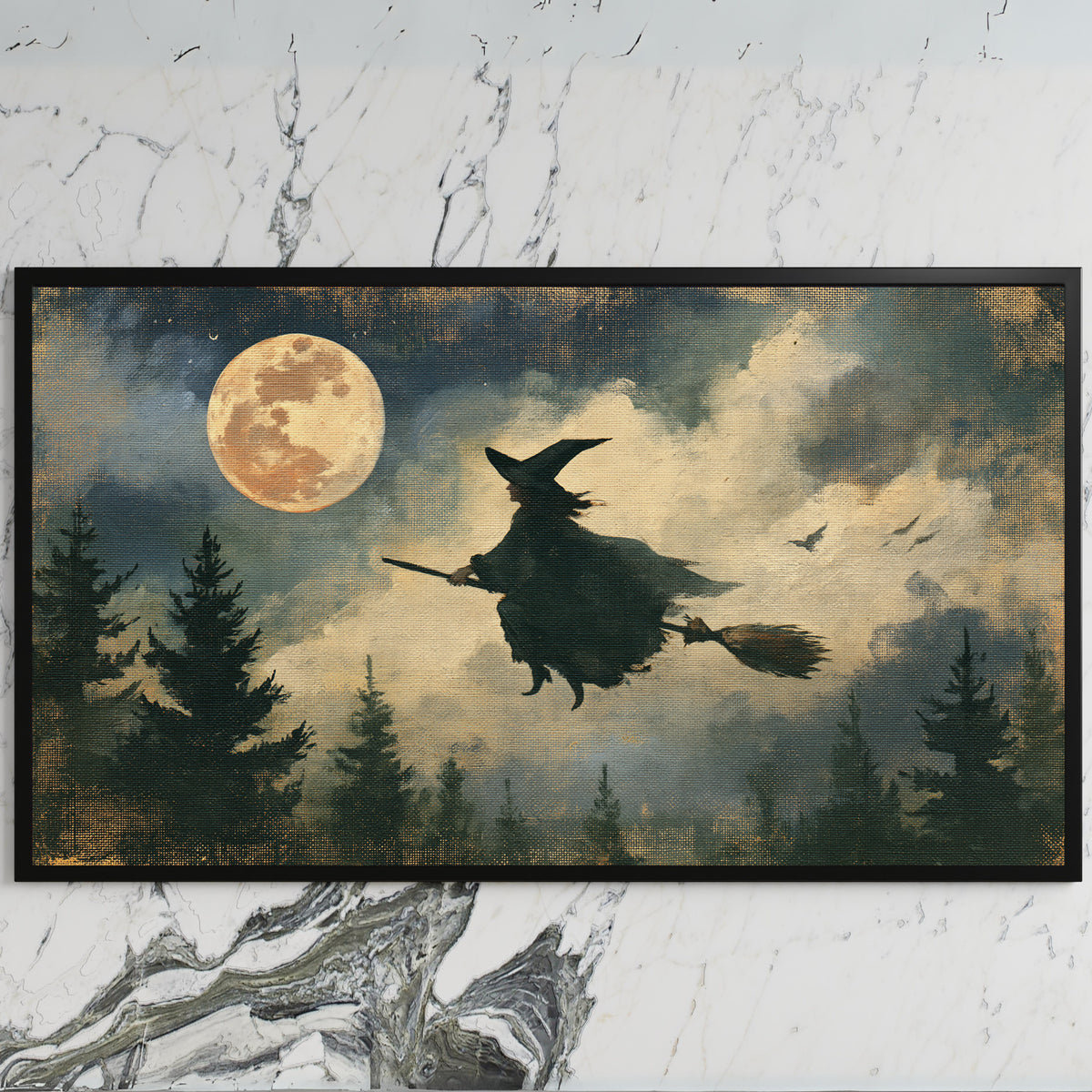 Flying witch art on a black TV on a white marble wall