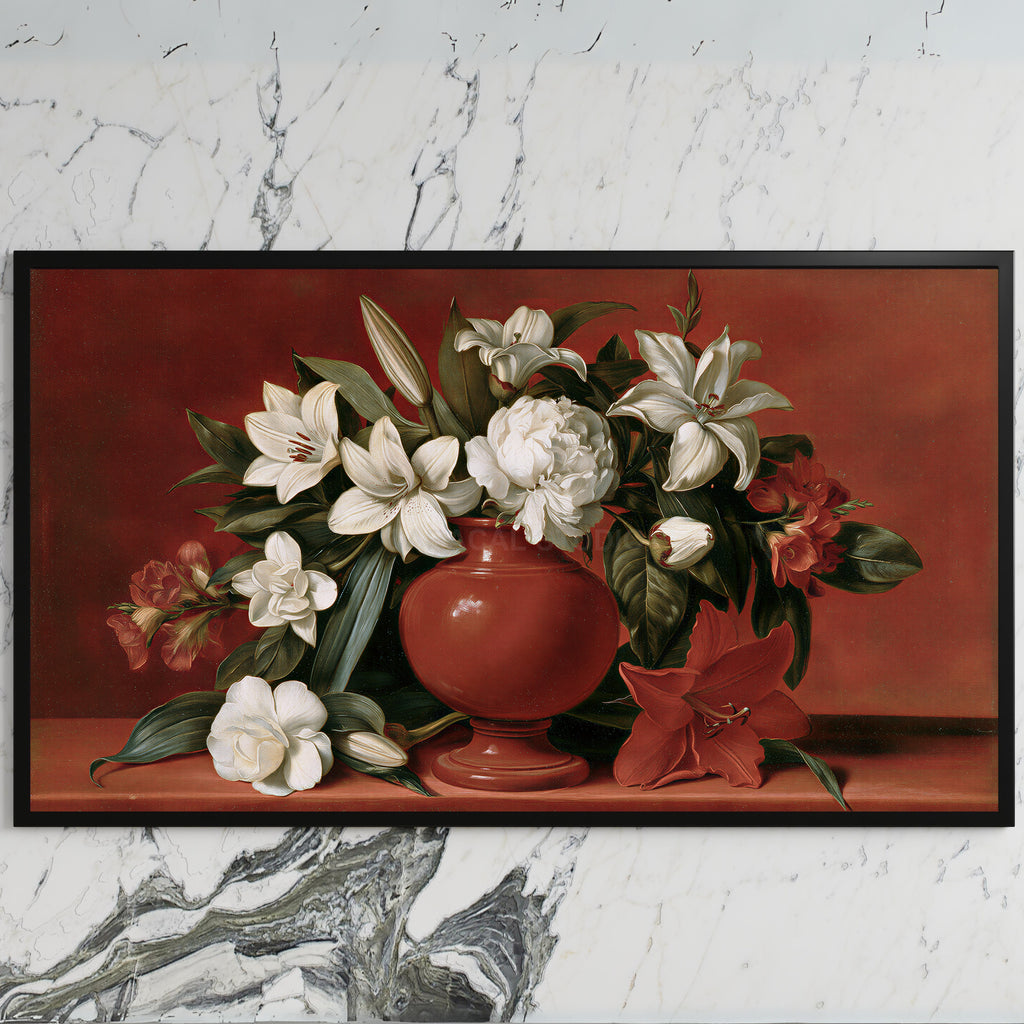 White lilies in a red vase art on a black TV on a white marble wall