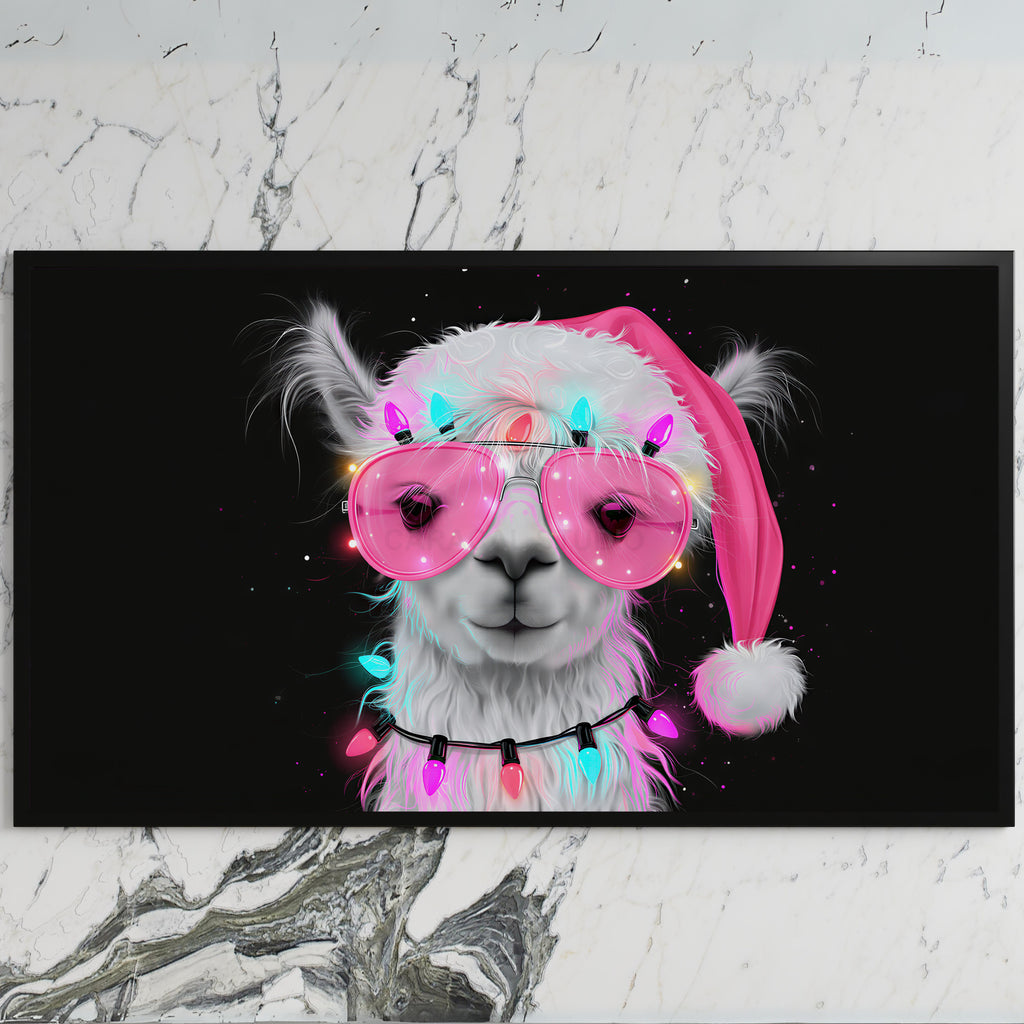 Llama in a Santa hat art on a black TV on a white marble wall