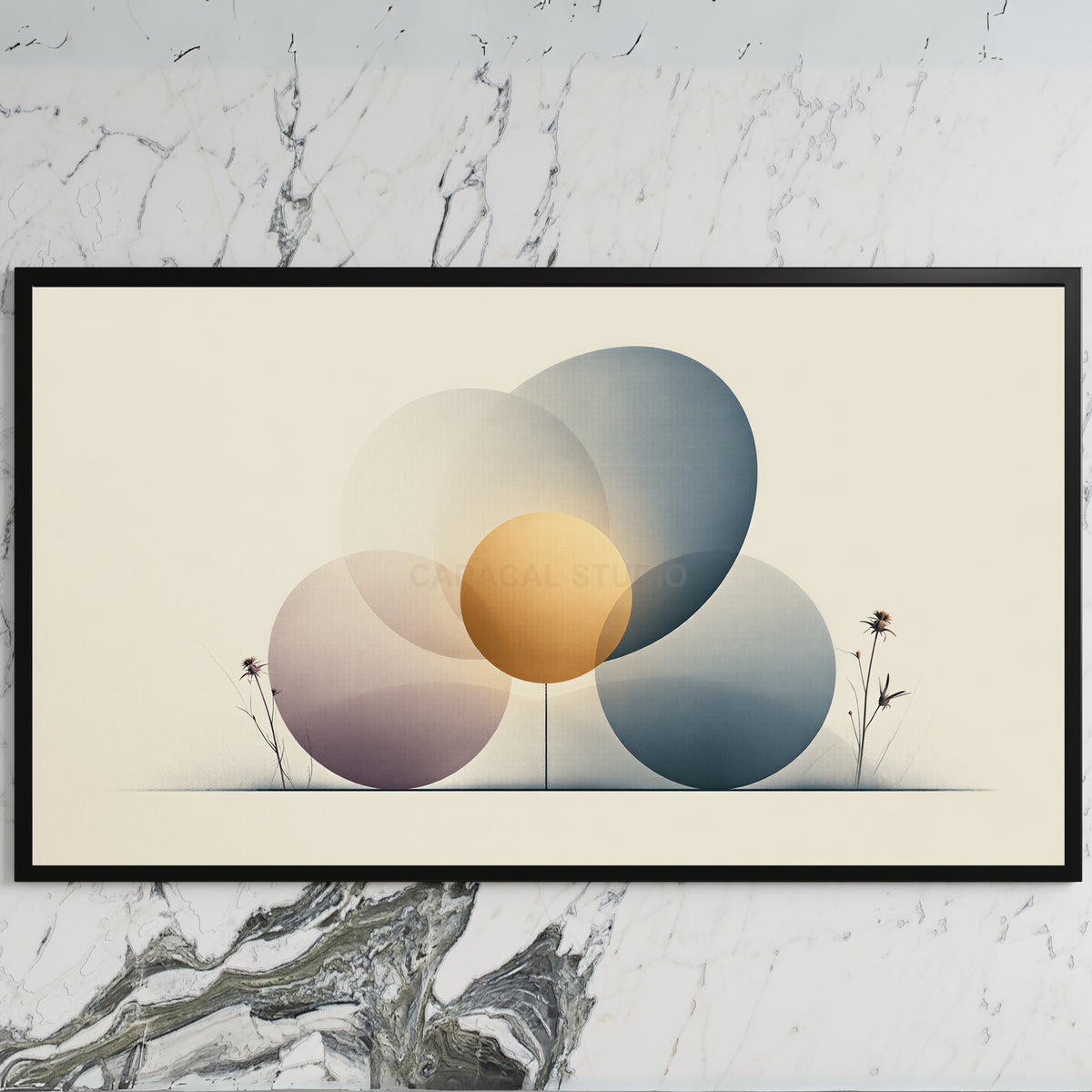 Abstract circles art on a black TV on a white marble wall