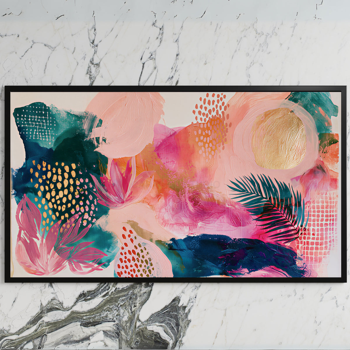 Tropical abstract art on a black TV on a white marble wall