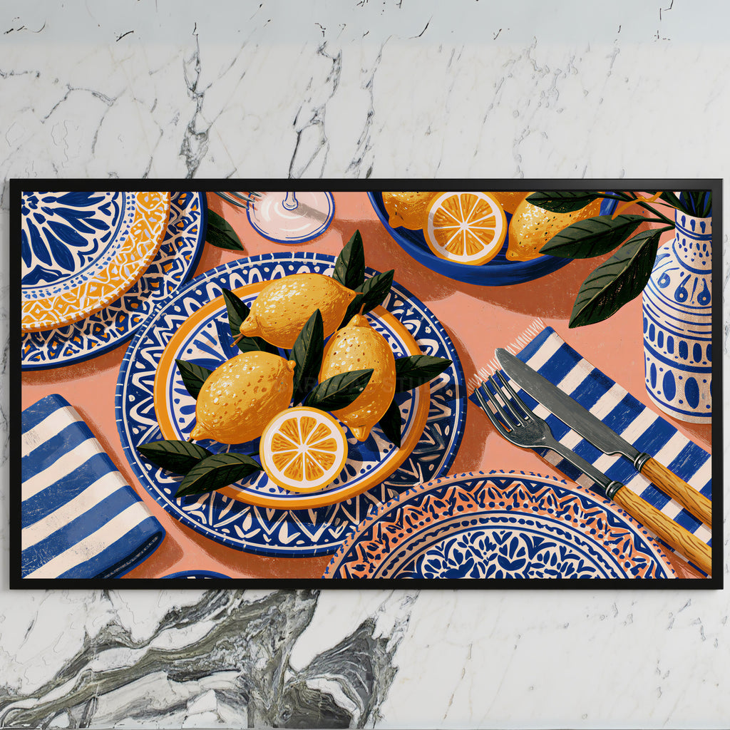Mediterranean lemons art on a black TV on a white marble wall