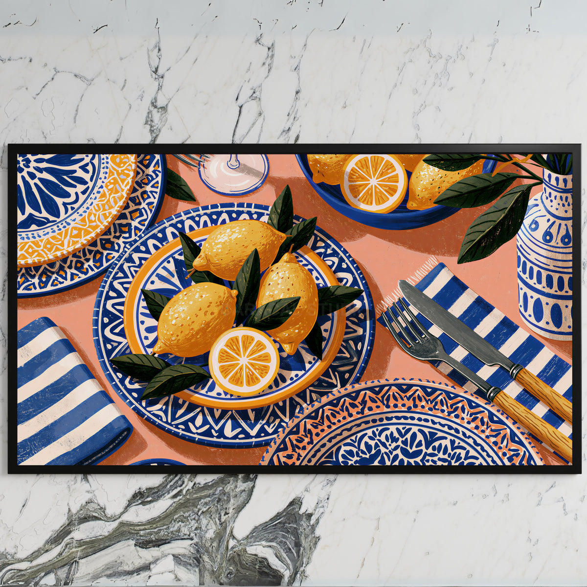 Mediterranean lemons art on a black TV on a white marble wall