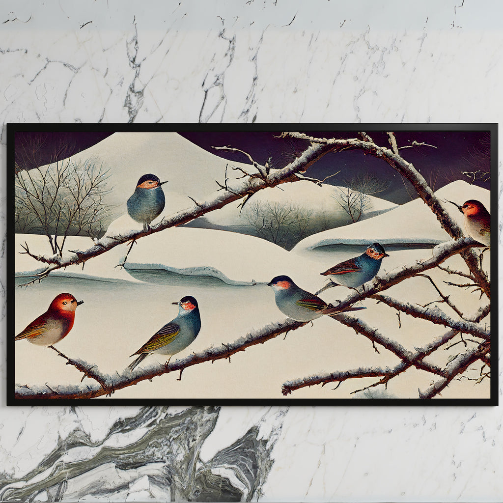 Songbirds on snowy branches art on a black TV on a white marble wall
