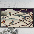 Songbirds on snowy branches art on a black TV on a white marble wall