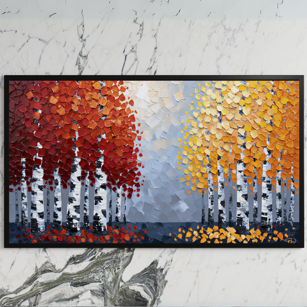 Autumn birch trees art on a black TV on a white marble wall