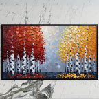 Autumn birch trees art on a black TV on a white marble wall