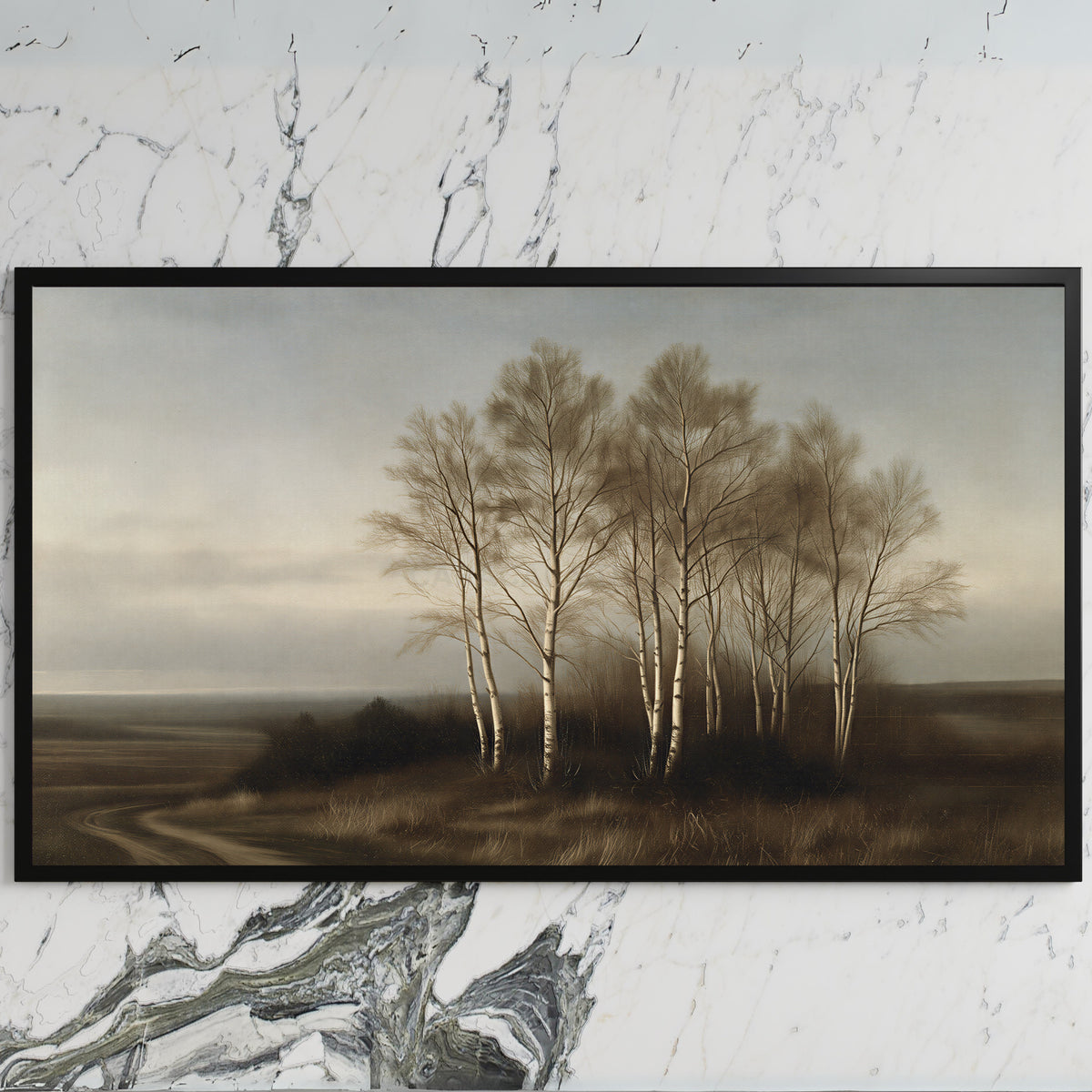 Birch trees landscape art on a black TV on a white marble wall