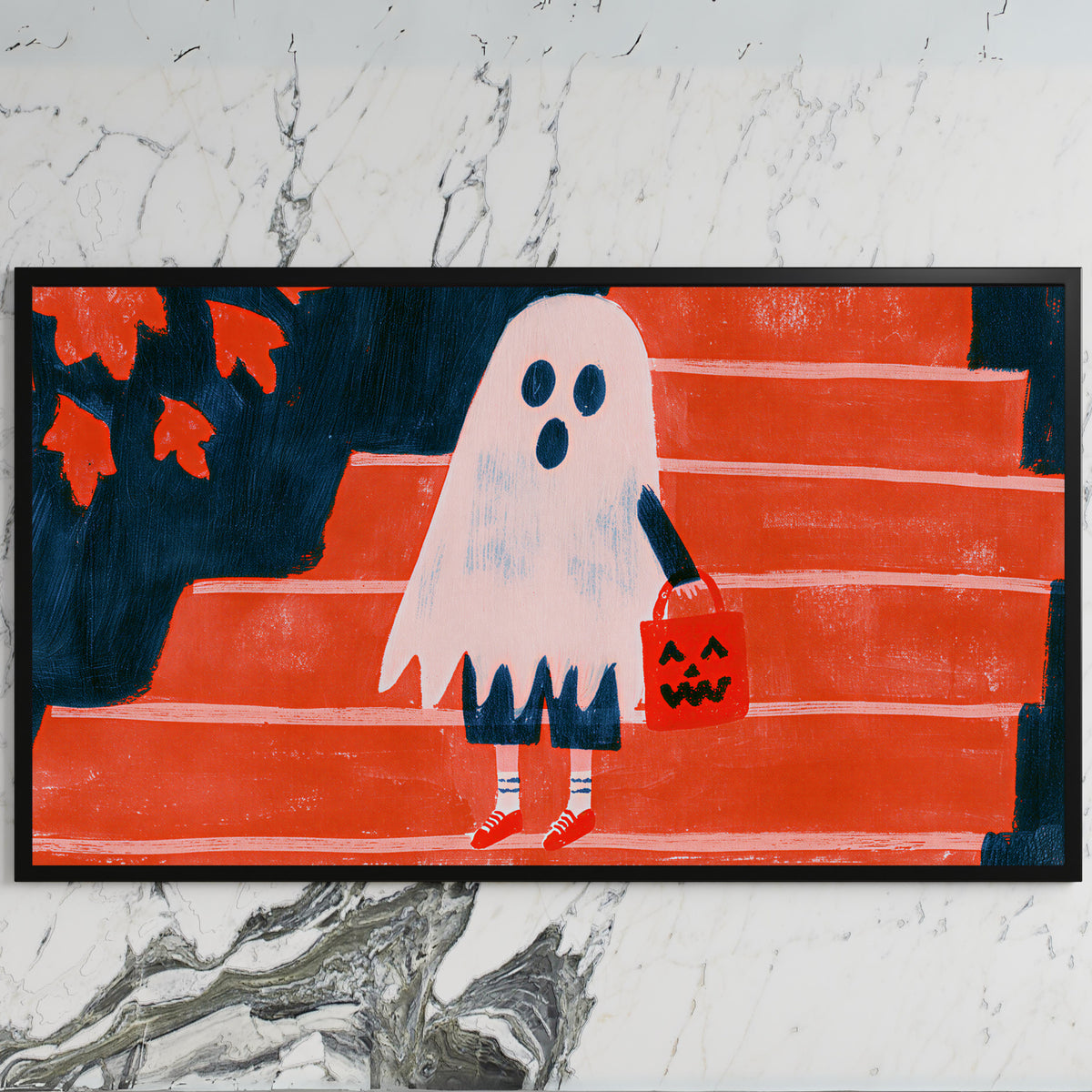 Ghost with a jack-o'-lantern bag art on a black TV on a white marble wall