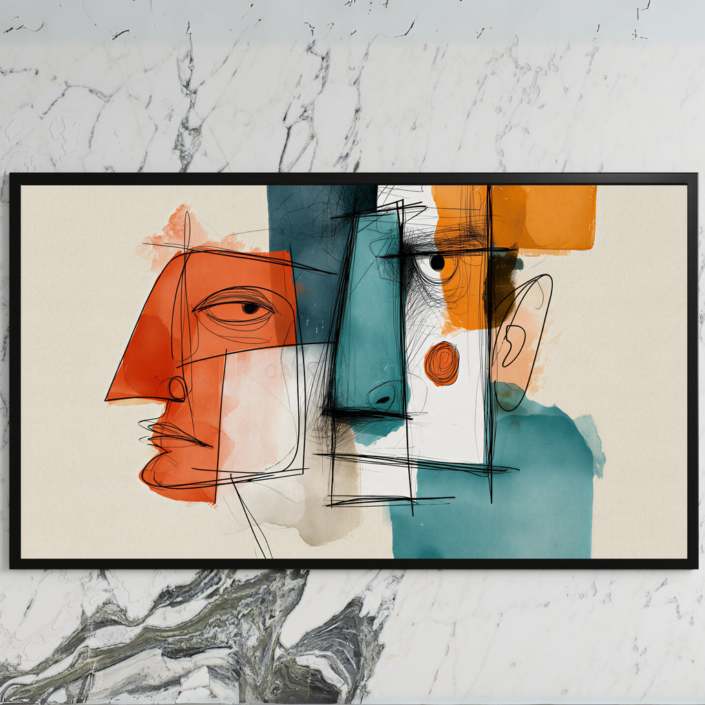 Cubist faces art on a black TV on a white marble wall