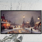 Snowy village at night art on a black TV on a white marble wall