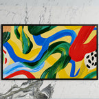 Colorful brushstroke loops art on a black TV on a white marble wall