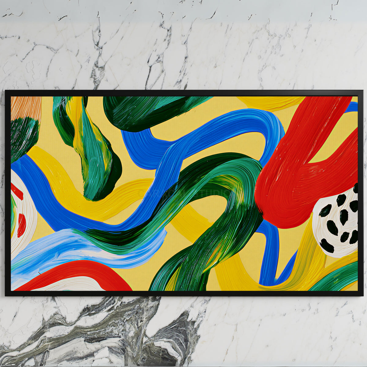 Colorful brushstroke loops art on a black TV on a white marble wall