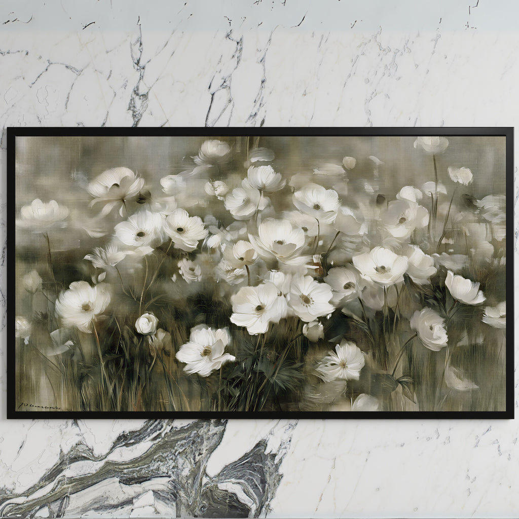 White anemone field art on a black TV on a white marble wall
