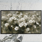 White anemone field art on a black TV on a white marble wall