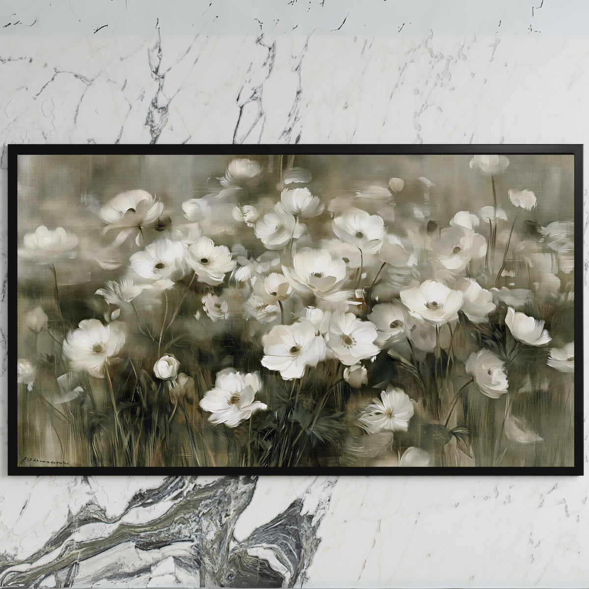 White anemone field art on a black TV on a white marble wall