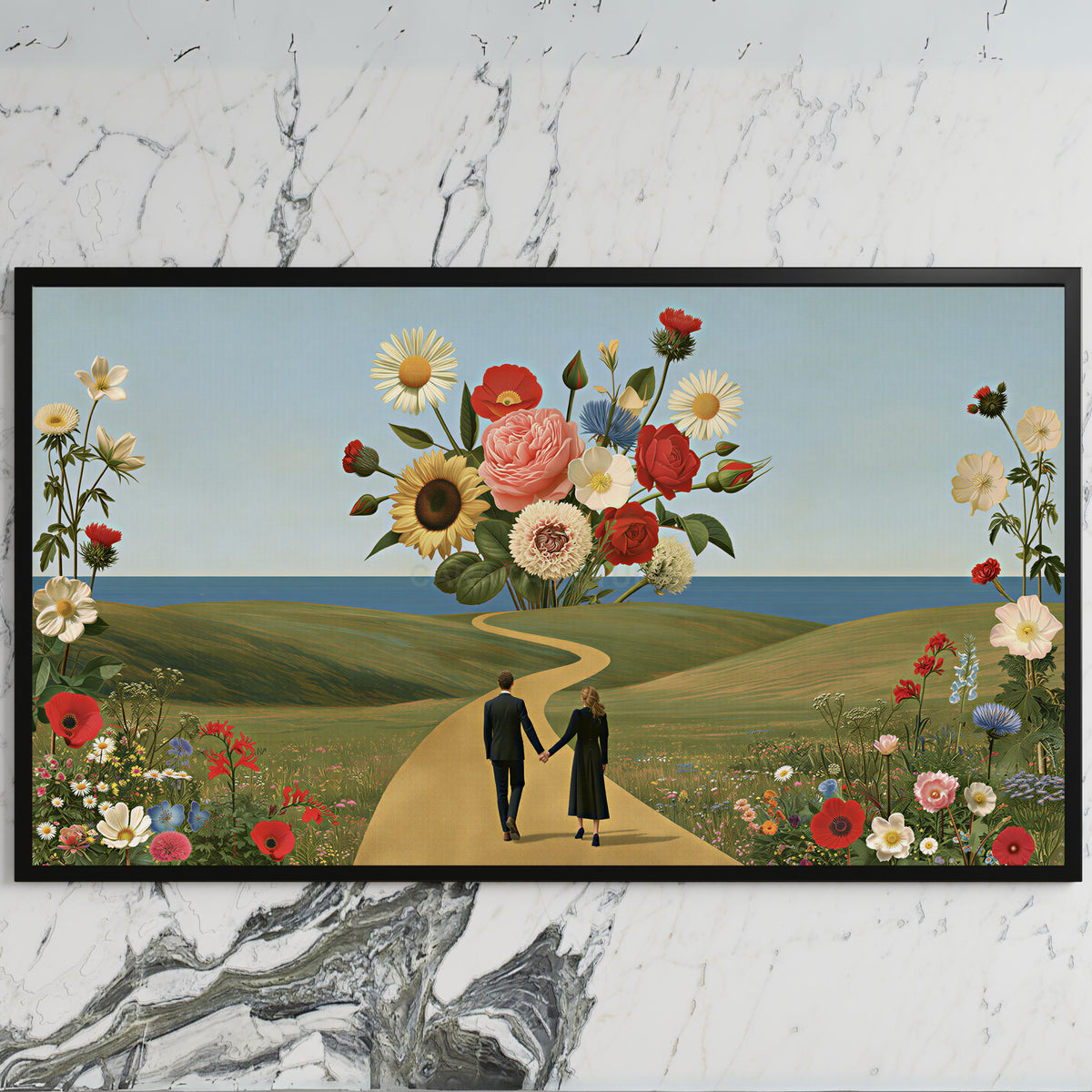 Flower collage art on a black TV on a white marble wall