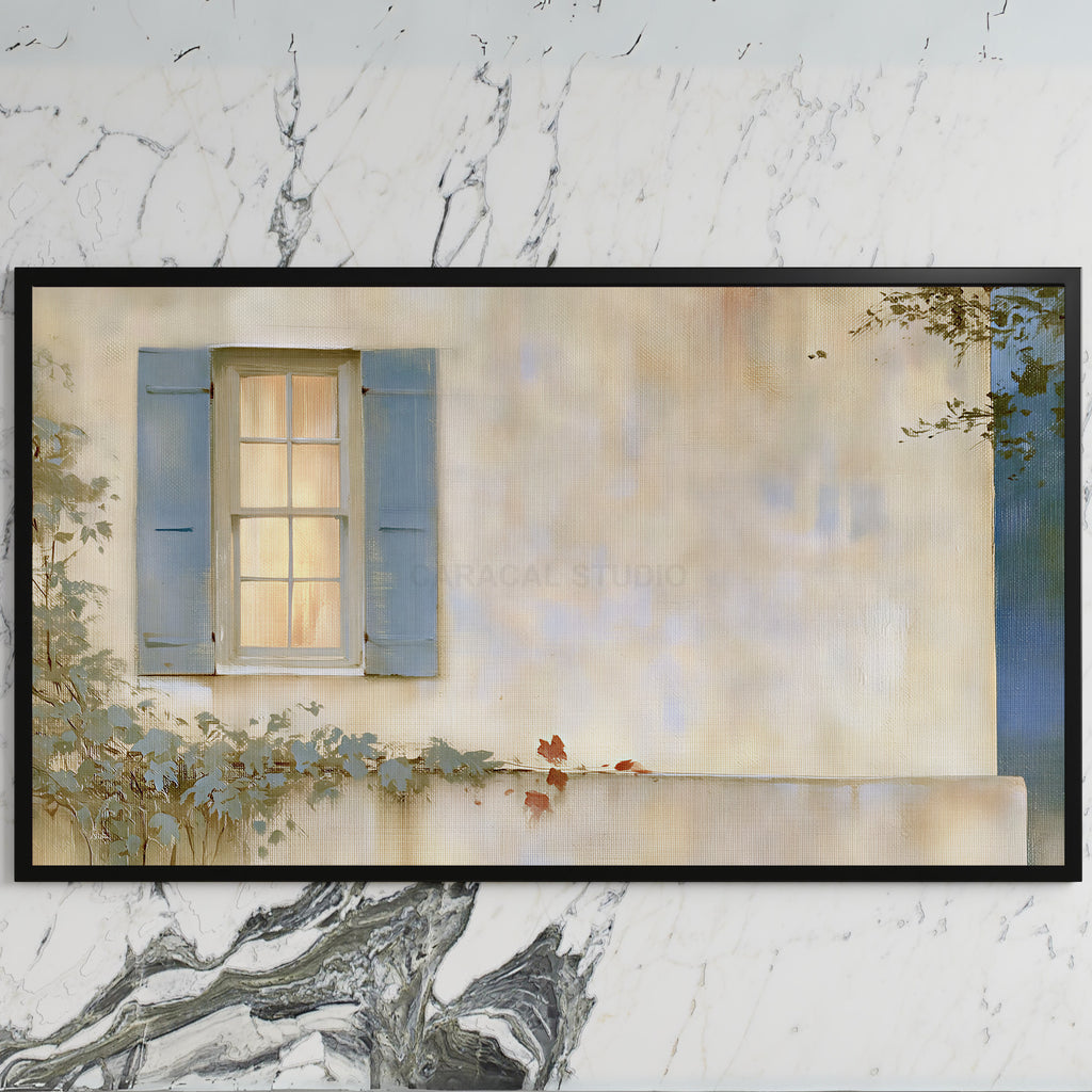 Blue shutter cottage window art on a black TV on a white marble wall
