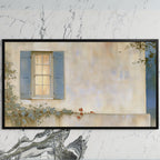 Blue shutter cottage window art on a black TV on a white marble wall