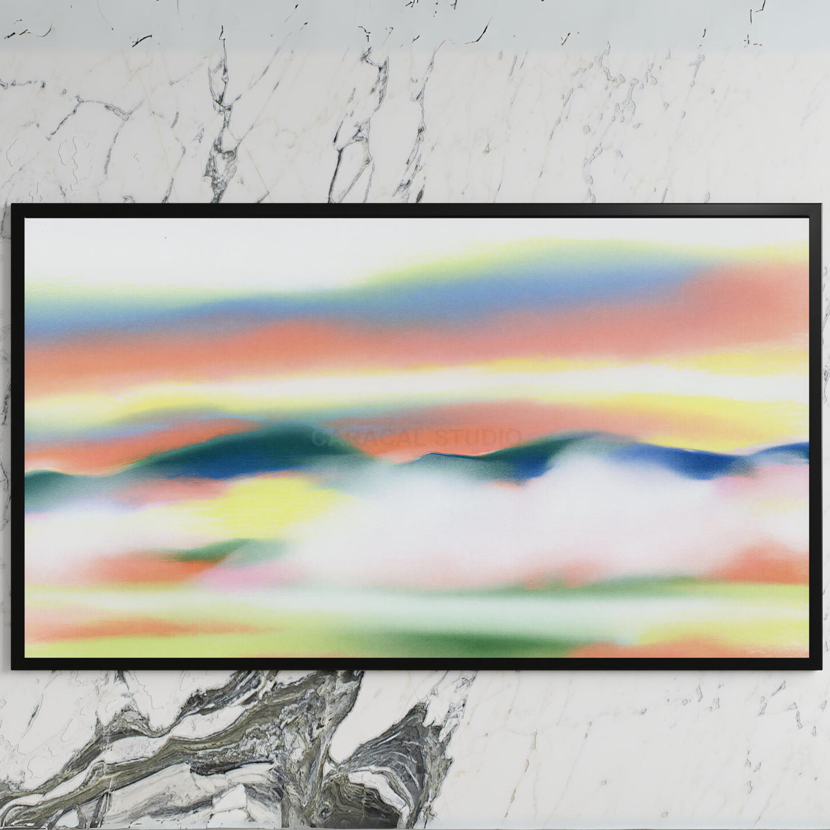 Abstract sunset hills art on a black TV on a white marble wall