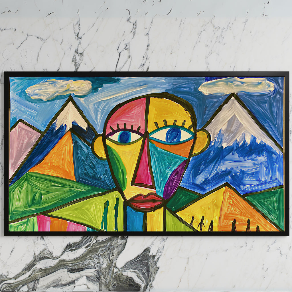 Color block face art on a black TV on a white marble wall
