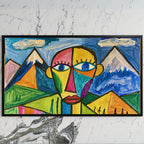 Color block face art on a black TV on a white marble wall