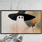 Ghost witch with a cocktail art on a black TV on a white marble wall