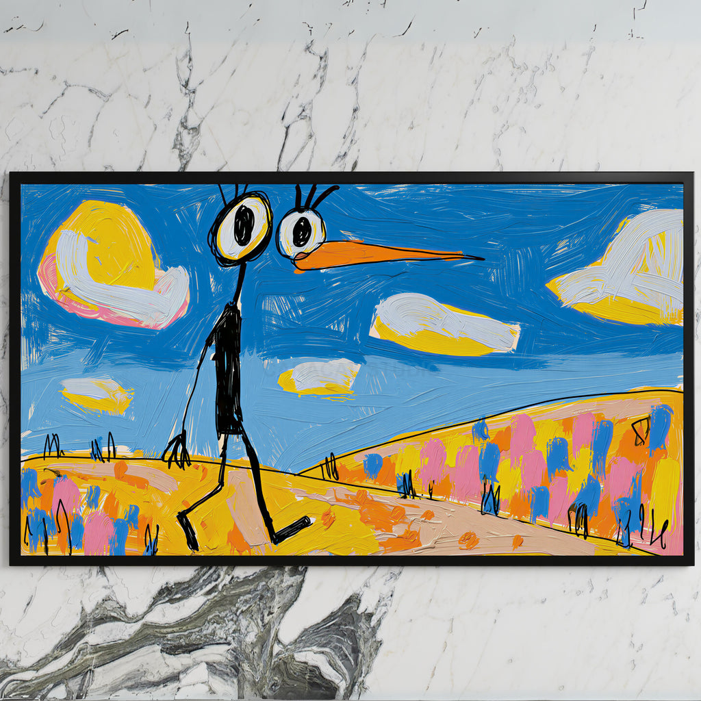 Funny alien bird art on a black TV on a white marble wall
