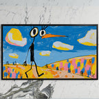 Funny alien bird art on a black TV on a white marble wall