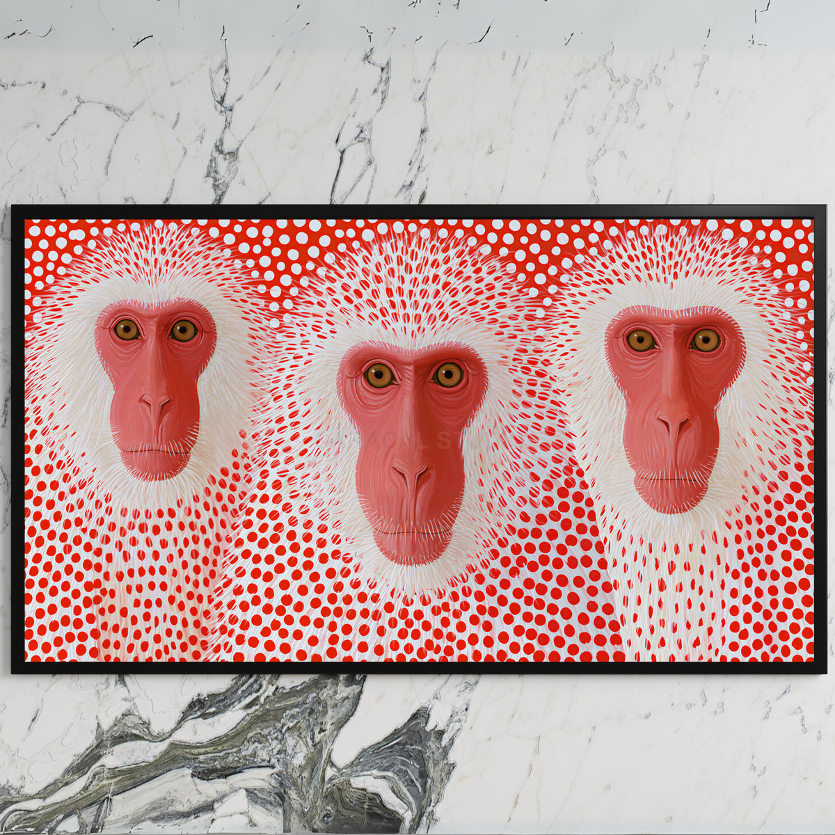 Snow monkeys with red dots art on a black TV on a white marble wall
