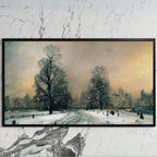 Snowy New York park art on a black TV on a white marble wall
