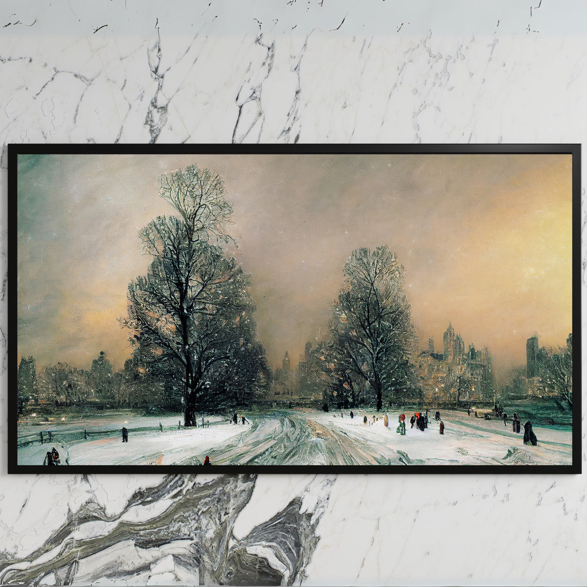 Snowy New York park art on a black TV on a white marble wall