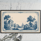 Blue toile garden art on a black TV on a white marble wall