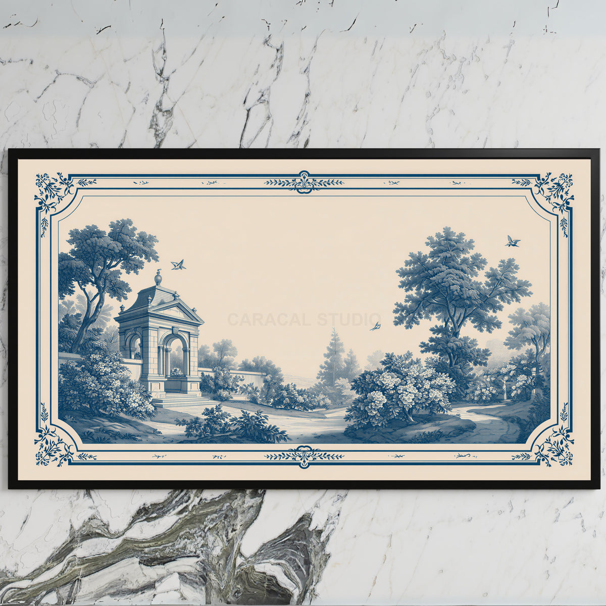 Blue toile garden art on a black TV on a white marble wall