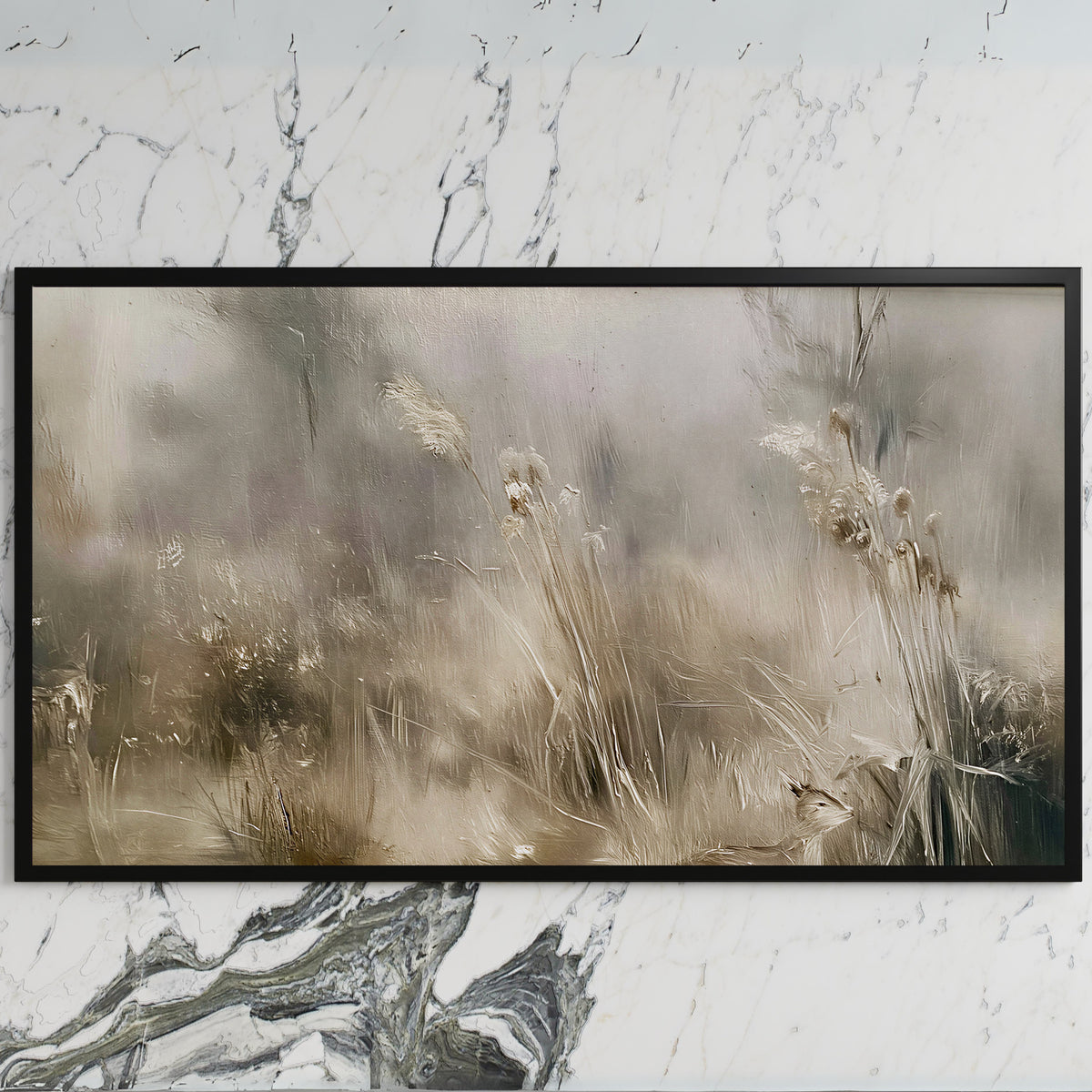 Misty meadow art on a black TV on a white marble wall