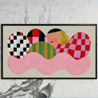 Checkered shapes portrait art on a black TV on a white marble wall