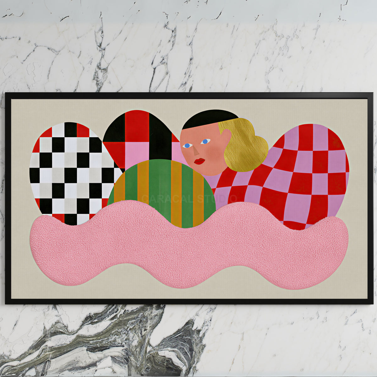 Checkered shapes portrait art on a black TV on a white marble wall