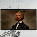 Pumpkin head portrait art on a black TV on a white marble wall