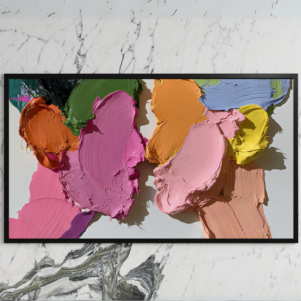 Pastel paint strokes art on a black TV on a white marble wall