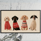 Dogs in holiday sweaters art on a black TV on a white marble wall