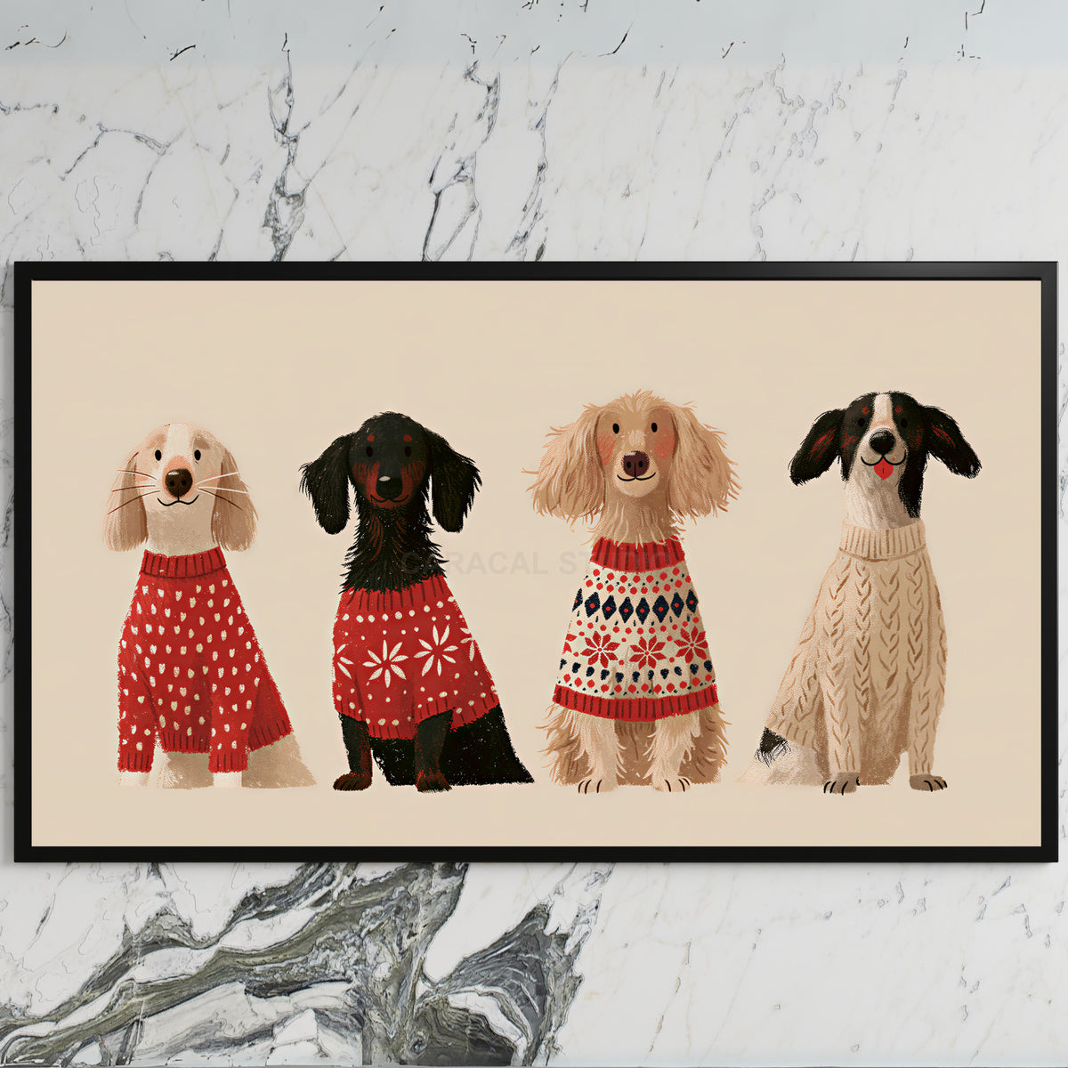 Dogs in holiday sweaters art on a black TV on a white marble wall