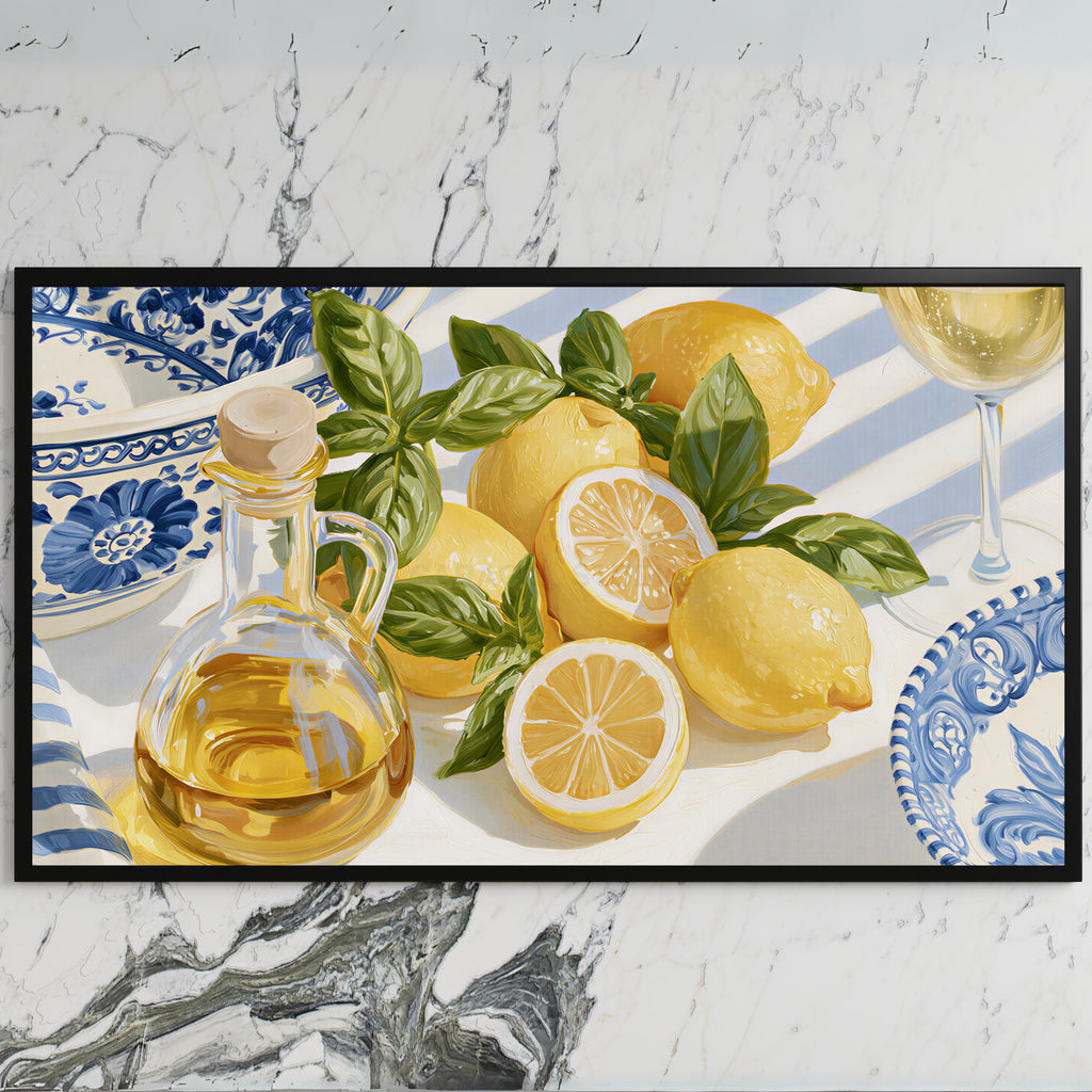 Lemons and olive oil art on a black TV on a white marble wall
