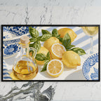 Lemons and olive oil art on a black TV on a white marble wall